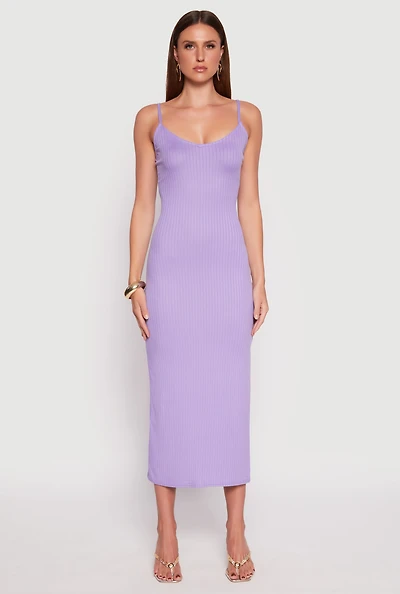 Womens Ribbed Knit Side Slit Maxi Dress, Purple, Size L