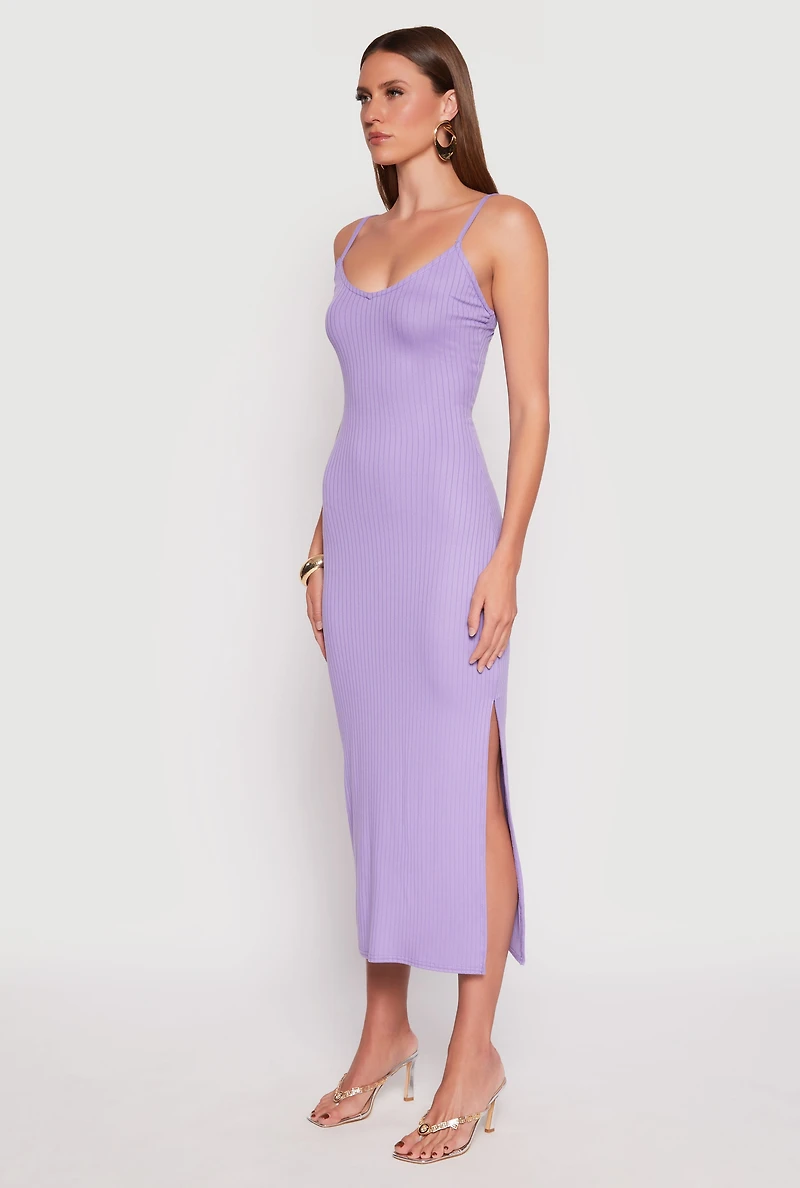 Womens Ribbed Knit Side Slit Maxi Dress, Purple, Size L
