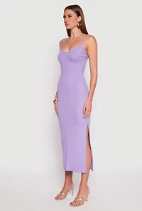 Womens Ribbed Knit Side Slit Maxi Dress, Purple, Size L