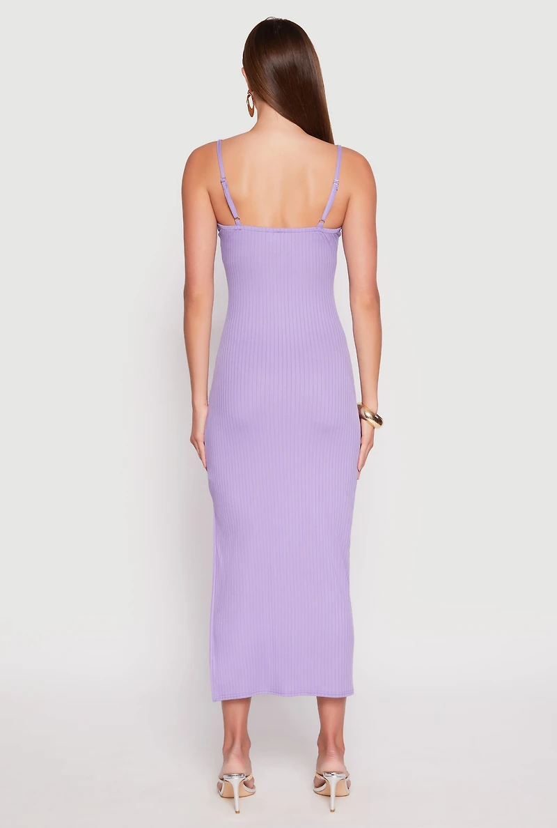 Womens Ribbed Knit Side Slit Maxi Dress, Purple, Size L