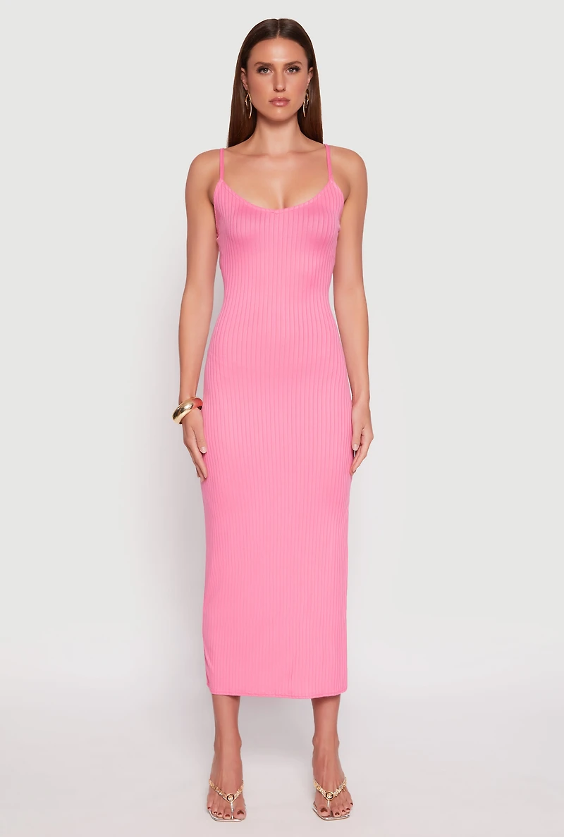 Womens Ribbed Knit Side Slit Maxi Dress, Pink, Size L