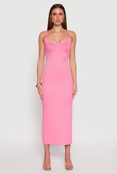 Womens Ribbed Knit Side Slit Maxi Dress, Pink, Size L