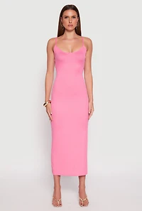 Womens Ribbed Knit Side Slit Maxi Dress, Pink, Size L