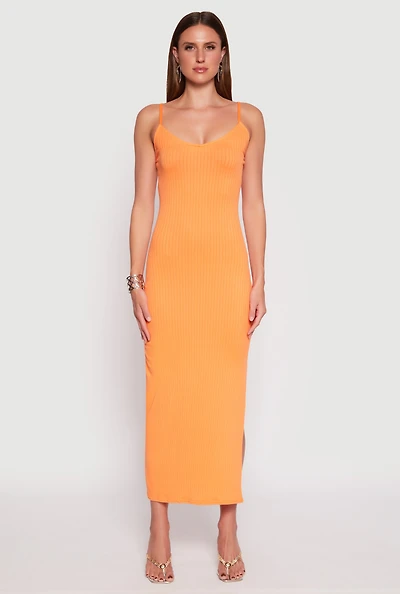 Womens Ribbed Knit Side Slit Maxi Dress, Orange, Size XL
