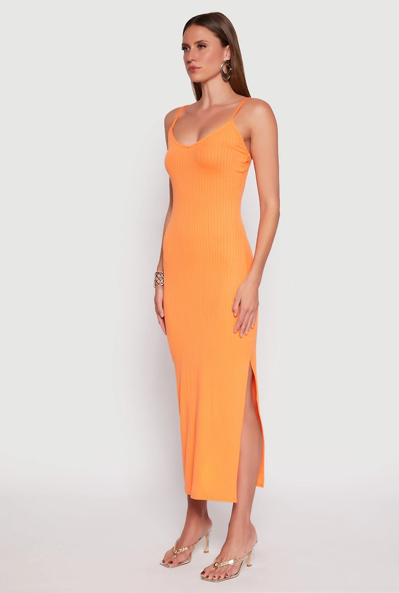 Womens Ribbed Knit Side Slit Maxi Dress, Orange, Size XL