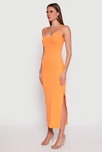 Womens Ribbed Knit Side Slit Maxi Dress, Orange, Size XL