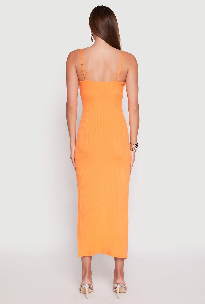 Womens Ribbed Knit Side Slit Maxi Dress, Orange, Size XL