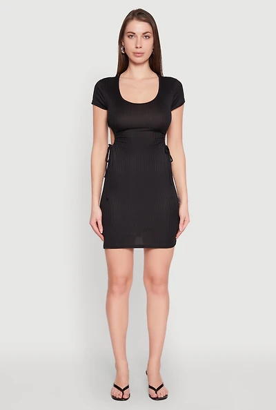 Womens Rib Knit Side Ruched Keyhole Mini Dress,