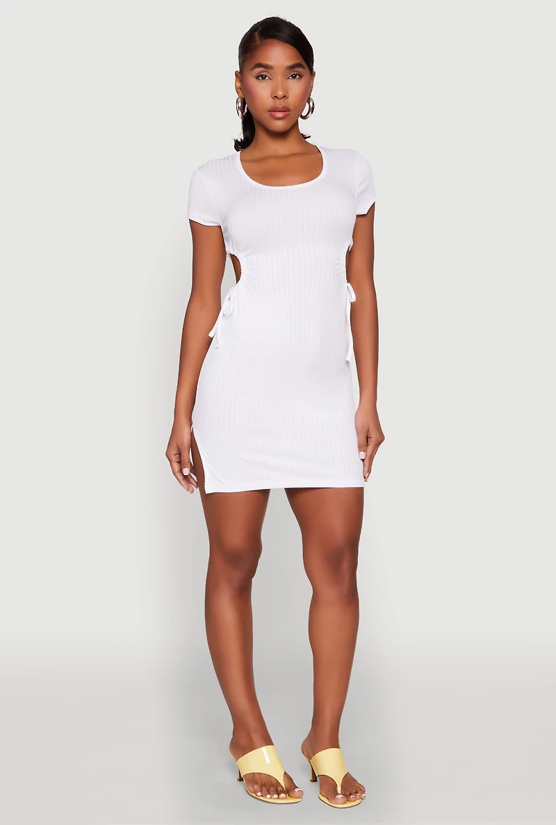 Rib Knit Side Ruched Keyhole Mini Dress