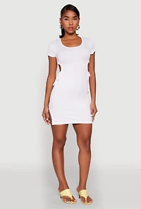 Rib Knit Side Ruched Keyhole Mini Dress