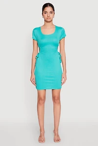 Womens Rib Knit Side Ruched Keyhole Mini Dress, XL
