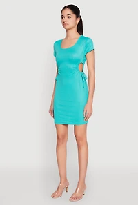 Womens Rib Knit Side Ruched Keyhole Mini Dress, XL