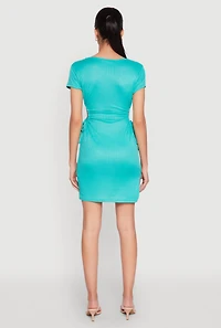 Womens Rib Knit Side Ruched Keyhole Mini Dress, XL
