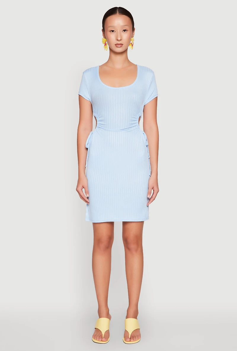 Womens Rib Knit Side Ruched Keyhole Mini Dress, Blue, Size XL