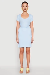 Womens Rib Knit Side Ruched Keyhole Mini Dress, Blue, Size XL