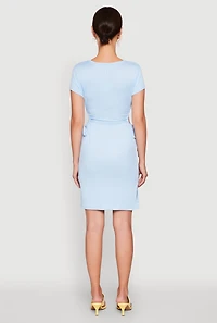Womens Rib Knit Side Ruched Keyhole Mini Dress, Blue, Size XL