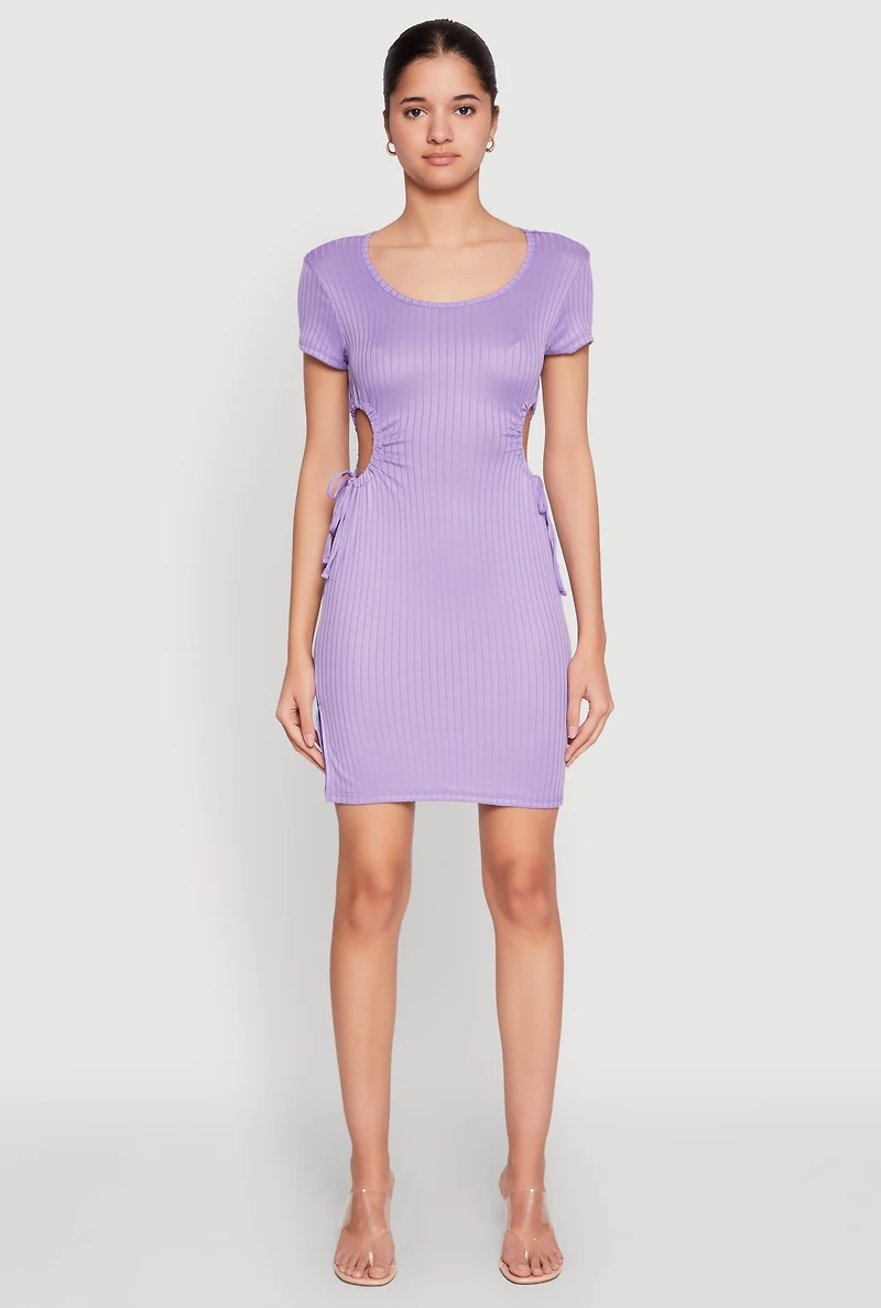 Womens Rib Knit Side Ruched Keyhole Mini Dress, Purple, Size M