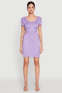 Womens Rib Knit Side Ruched Keyhole Mini Dress, Purple, Size M