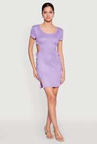 Womens Rib Knit Side Ruched Keyhole Mini Dress, Purple, Size M