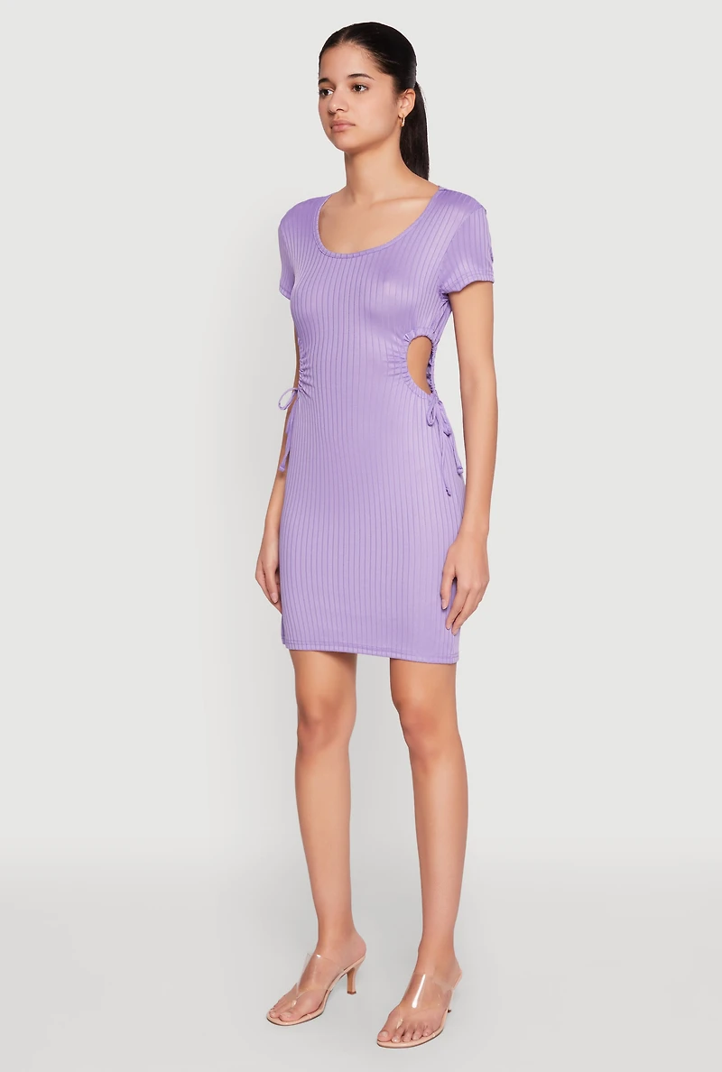 Womens Rib Knit Side Ruched Keyhole Mini Dress, Purple, Size M