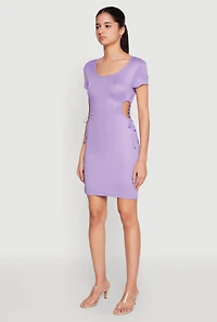 Womens Rib Knit Side Ruched Keyhole Mini Dress, Purple, Size M