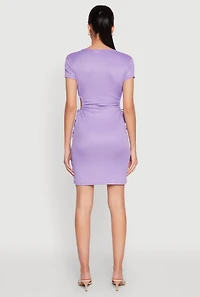 Womens Rib Knit Side Ruched Keyhole Mini Dress, Purple, Size M