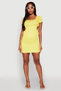 Rib Knit Side Ruched Keyhole Mini Dress