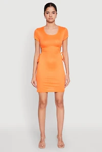 Womens Rib Knit Side Ruched Keyhole Mini Dress,