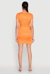 Womens Rib Knit Side Ruched Keyhole Mini Dress,