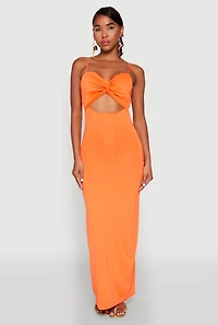 Womens Twist Front Cut Out Maxi Dress, Orange, Size M