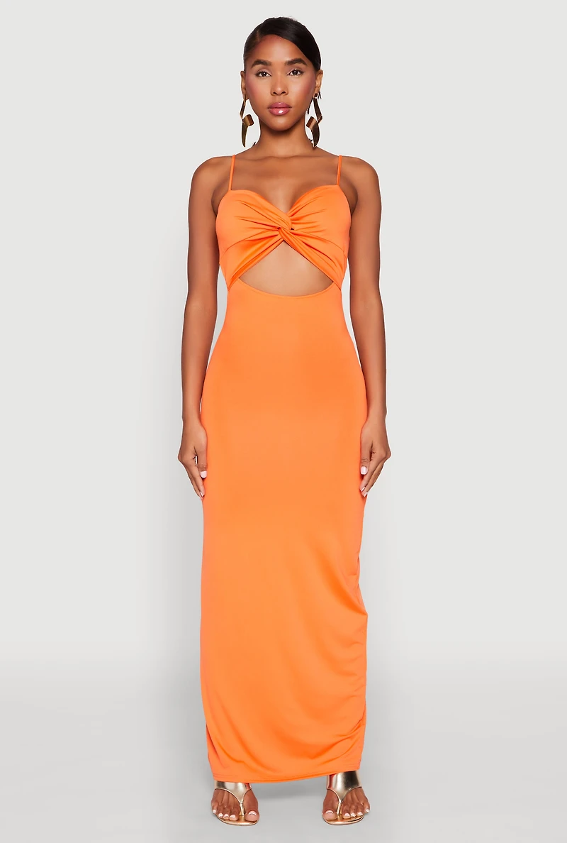 Womens Twist Front Cut Out Maxi Dress, Orange, Size M