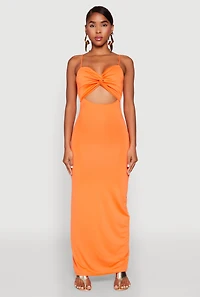 Womens Twist Front Cut Out Maxi Dress, Orange, Size M