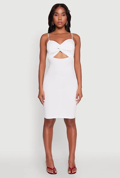 Womens Twist Front Cut Out Dress, White, Size L