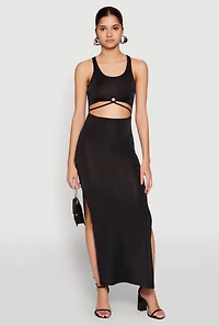 Womens Cut Out Front Side Slit Maxi Dress, Black, Size L