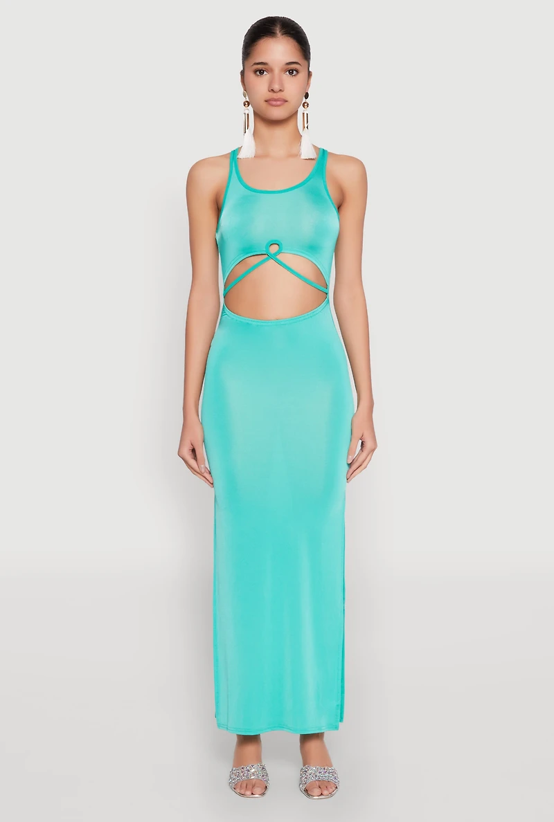 Womens Cut Out Front Side Slit Maxi Dress,