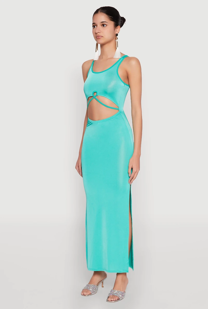 Womens Cut Out Front Side Slit Maxi Dress,