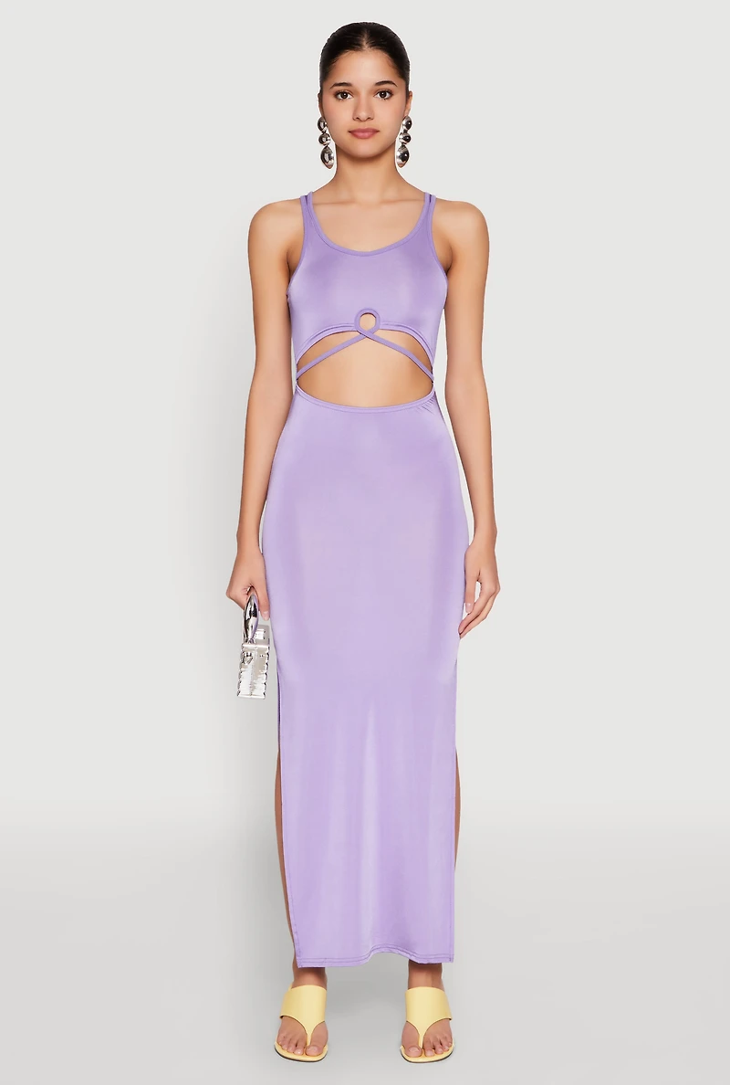 Womens Cut Out Front Side Slit Maxi Dress, Purple, Size XL