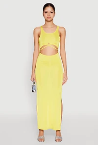 Womens Cut Out Front Side Slit Maxi Dress, Yellow,