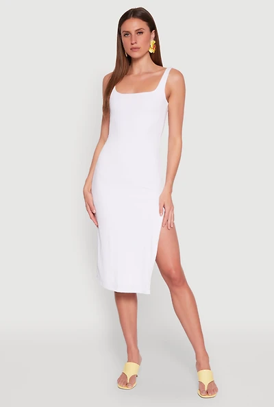 Womens Square Neck Side Slit Tank Dress, White, Size S
