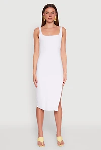 Womens Square Neck Side Slit Tank Dress, White, Size S