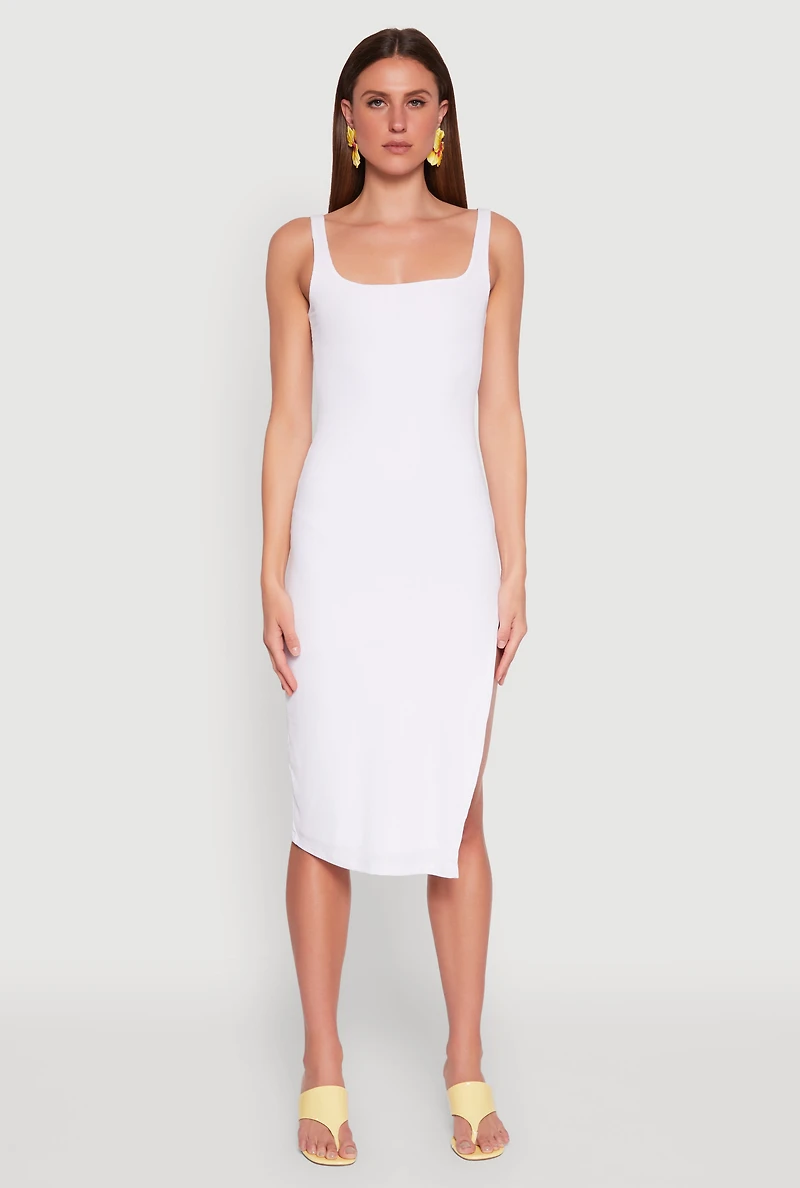 Womens Square Neck Side Slit Tank Dress, White, Size L