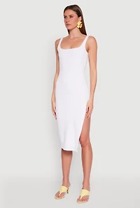 Womens Square Neck Side Slit Tank Dress, White, Size S