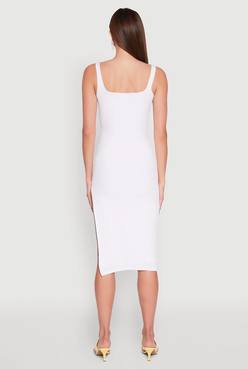 Womens Square Neck Side Slit Tank Dress, White, Size L