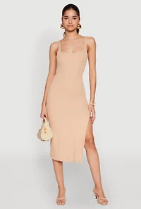 Womens Square Neck Side Slit Tank Dress, Beige, Size L