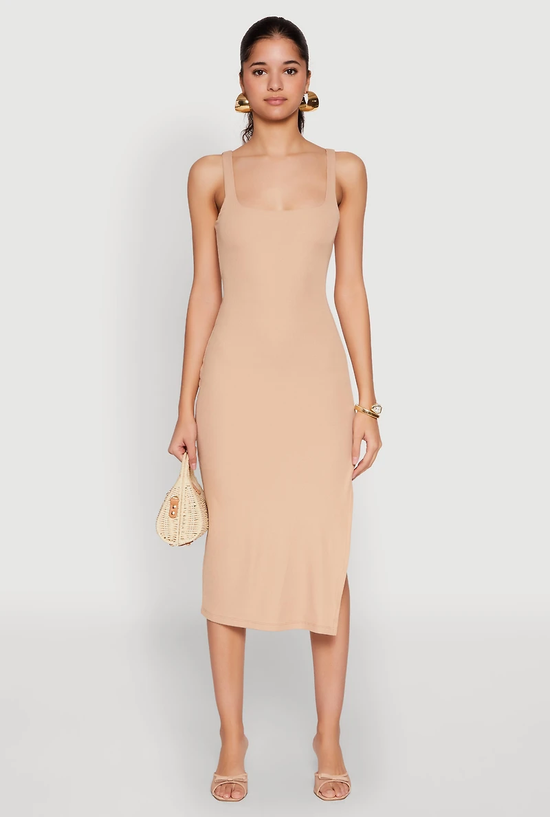 Womens Square Neck Side Slit Tank Dress, Beige, Size L