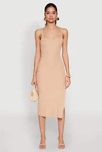 Womens Square Neck Side Slit Tank Dress, Beige, Size L