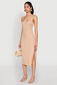 Womens Square Neck Side Slit Tank Dress, Beige, Size L