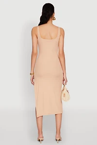 Womens Square Neck Side Slit Tank Dress, Beige, Size L