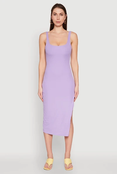 Womens Square Neck Side Slit Tank Dress, Purple, Size S