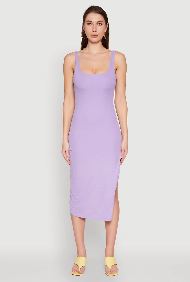 Womens Square Neck Side Slit Tank Dress, Purple, Size L